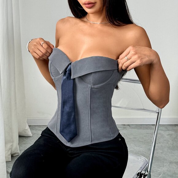 Y2K Vintage Strapless Overbust Corset Boned Lace-Up Back Bodyshaper Crop Bandeau - Picture 1 of 5